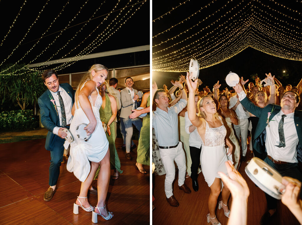 Lively dance floor moments during an Australian wedding reception in Uluwatu, Bali