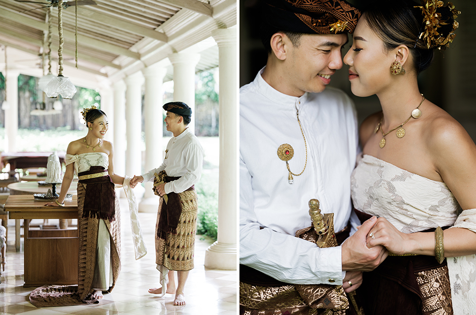 Bali couple photoshoot at Balquisse Heritage Hotel with couple in traditional Balinese outfit sharing an intimate moment in a heritage setting
