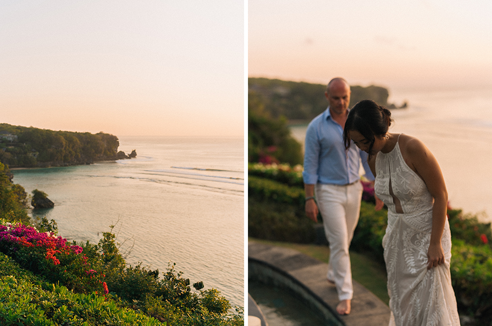 Cliffside ocean view in Uluwatu Bali with a couple walking at sunset, capturing a romantic destination wedding atmosphere.