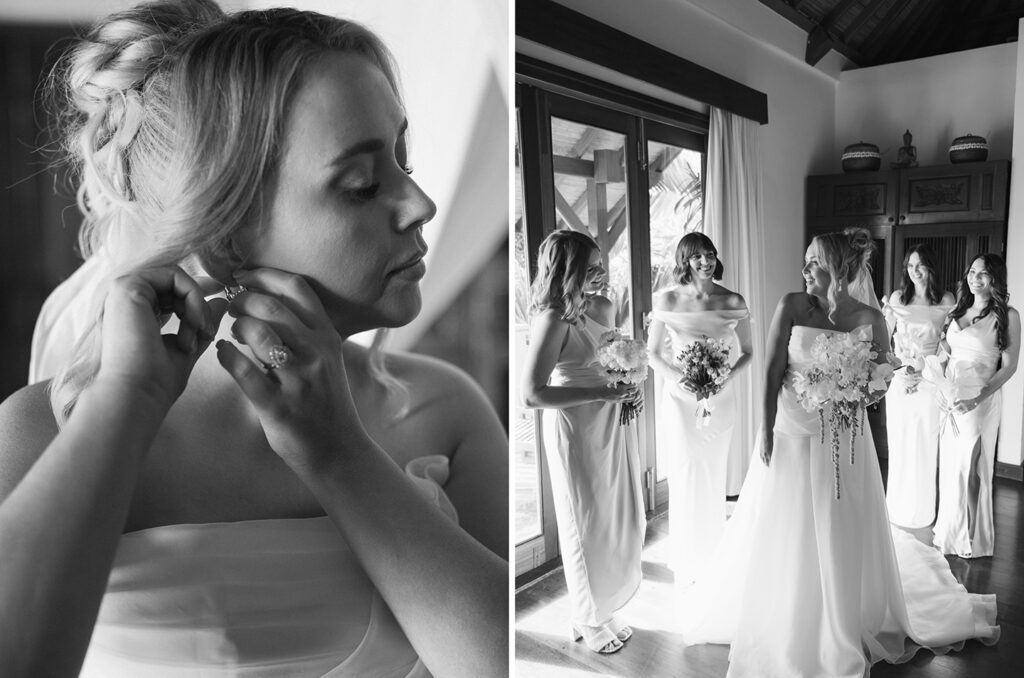Bride getting ready and putting on earrings with bridesmaids at Villa Pemutih Bali before the wedding ceremony in Uluwatu