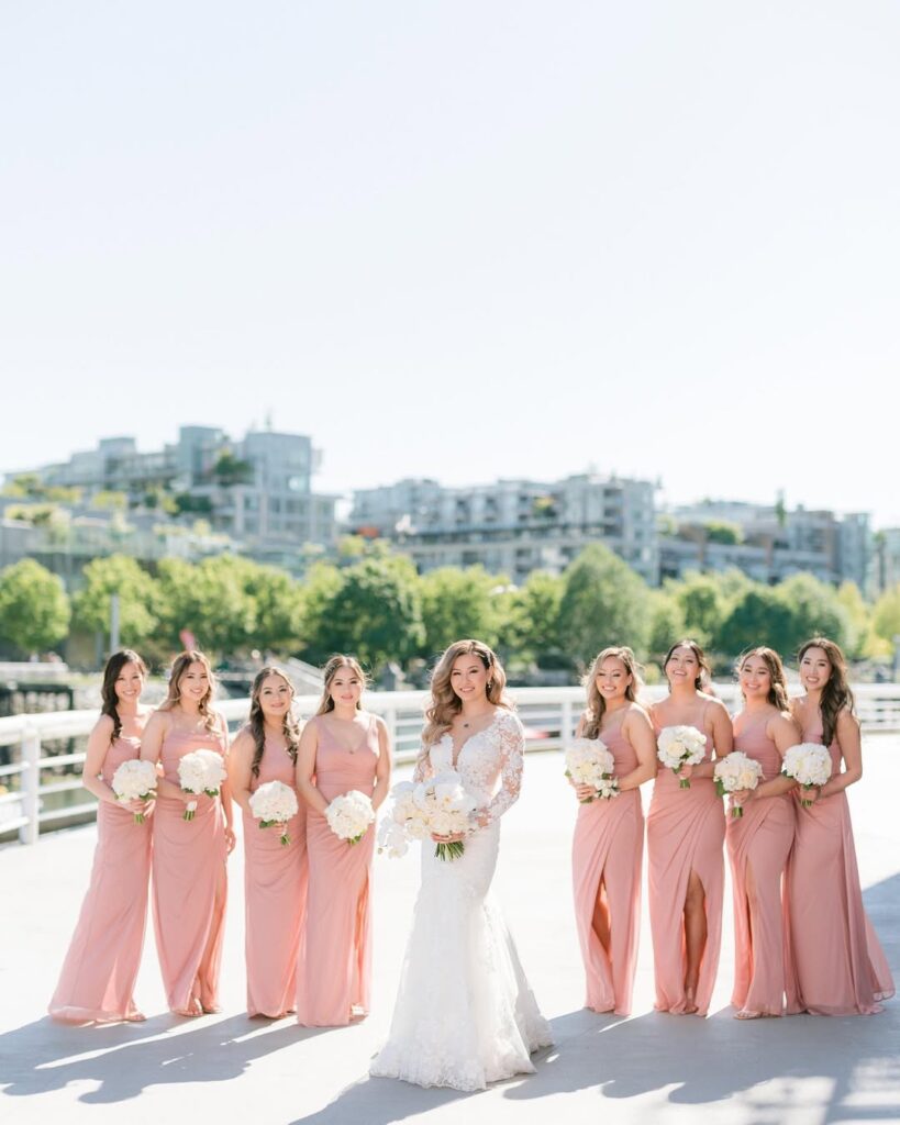 Caroline with bridesmaids in blush pink at Science World Green Roof Terrace Vancouver