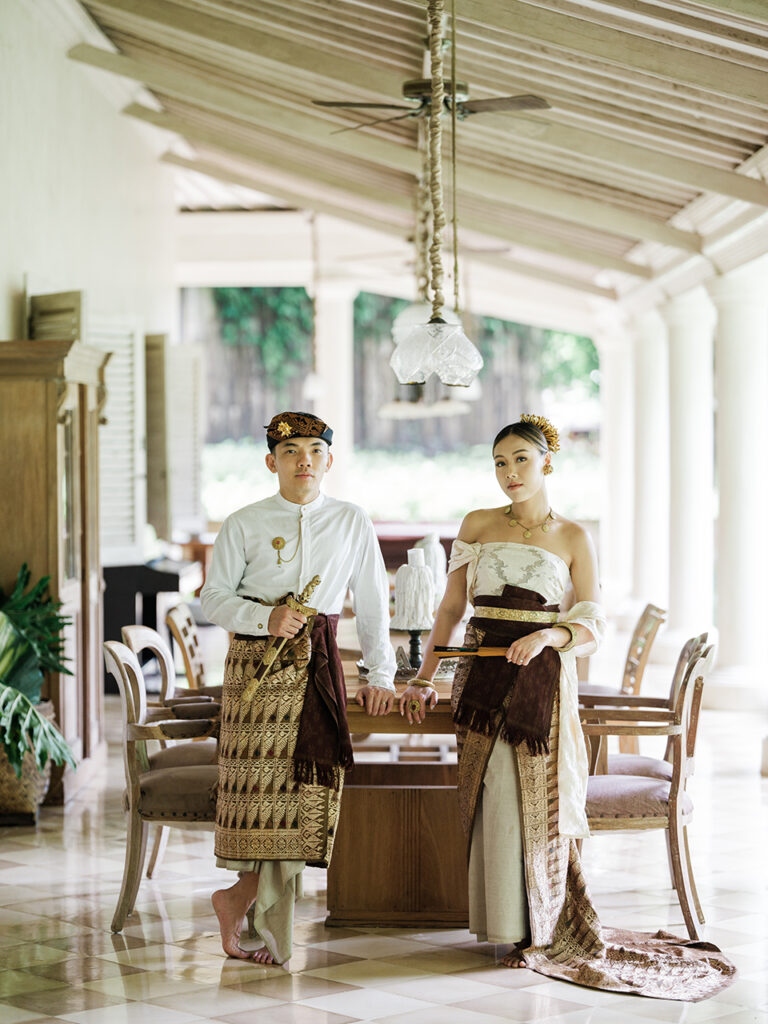 ali heritage couple photoshoot with traditional inspired outfit in a bright luxury villa setting in Bali