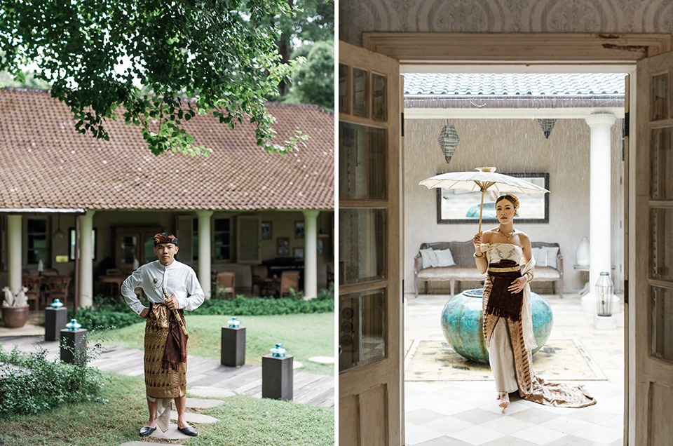 Bali heritage couple photoshoot with traditional inspired outfit in garden and vintage villa setting in Bali