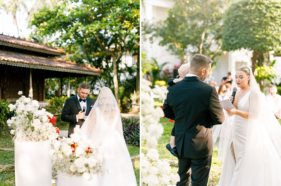 intimate villa wedding ceremony in Bali with bride reading vows and groom holding child