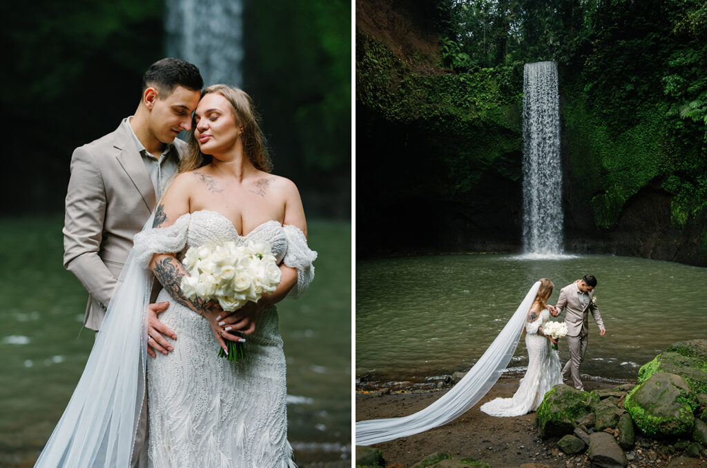Intimate couple portrait at Tibumana Waterfall during Bali elopement with soft romantic moment