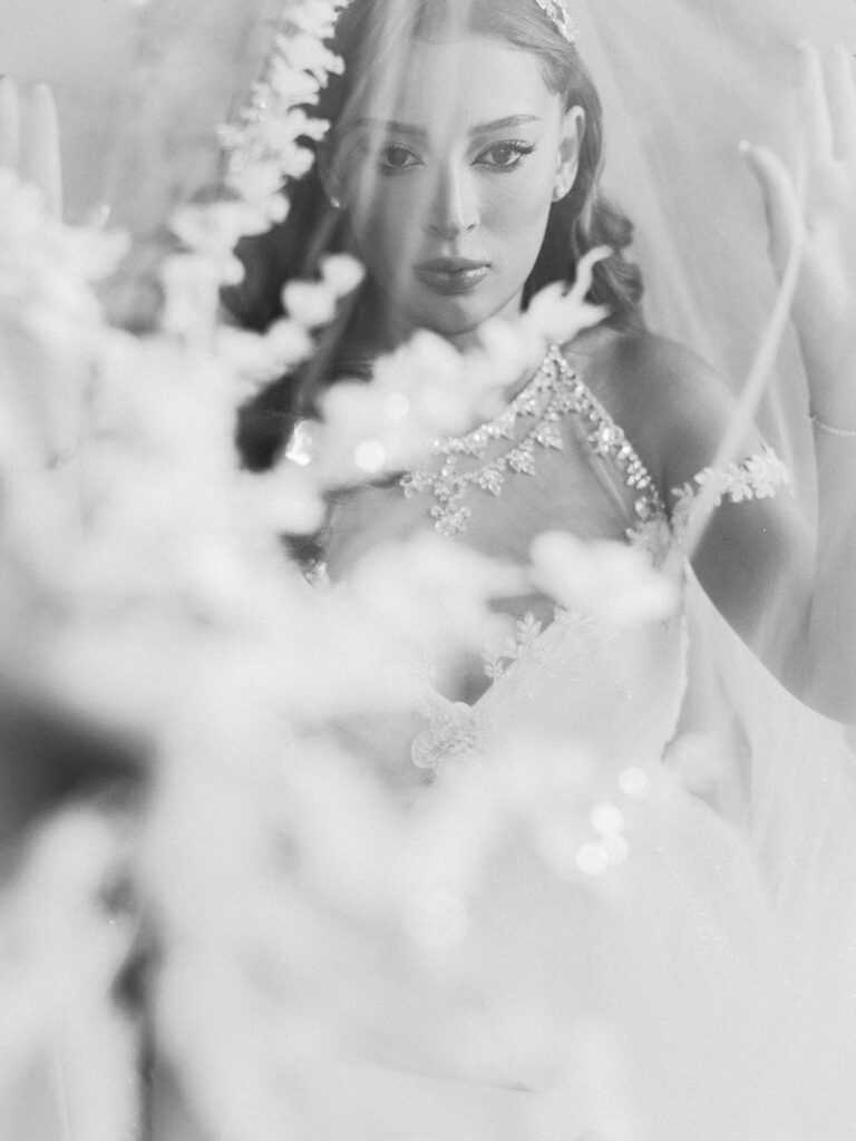 luxury multicultural wedding in Bali bride portrait at Villa Vedas soft veil detail