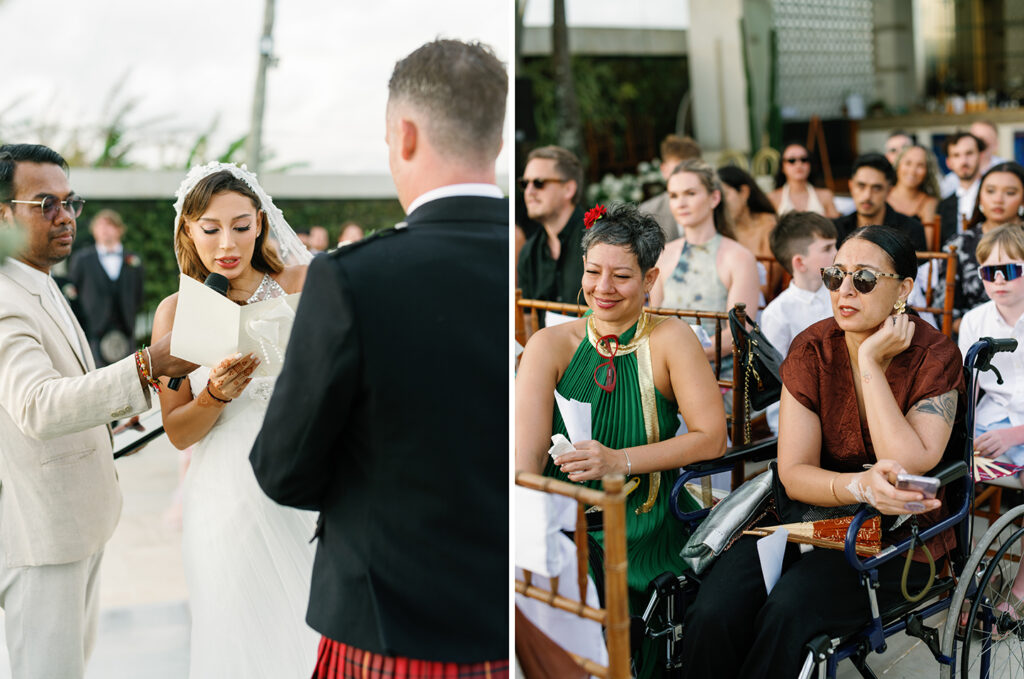 luxury multicultural wedding in Bali at Villa Vedas bride reading vows and guests emotional reaction