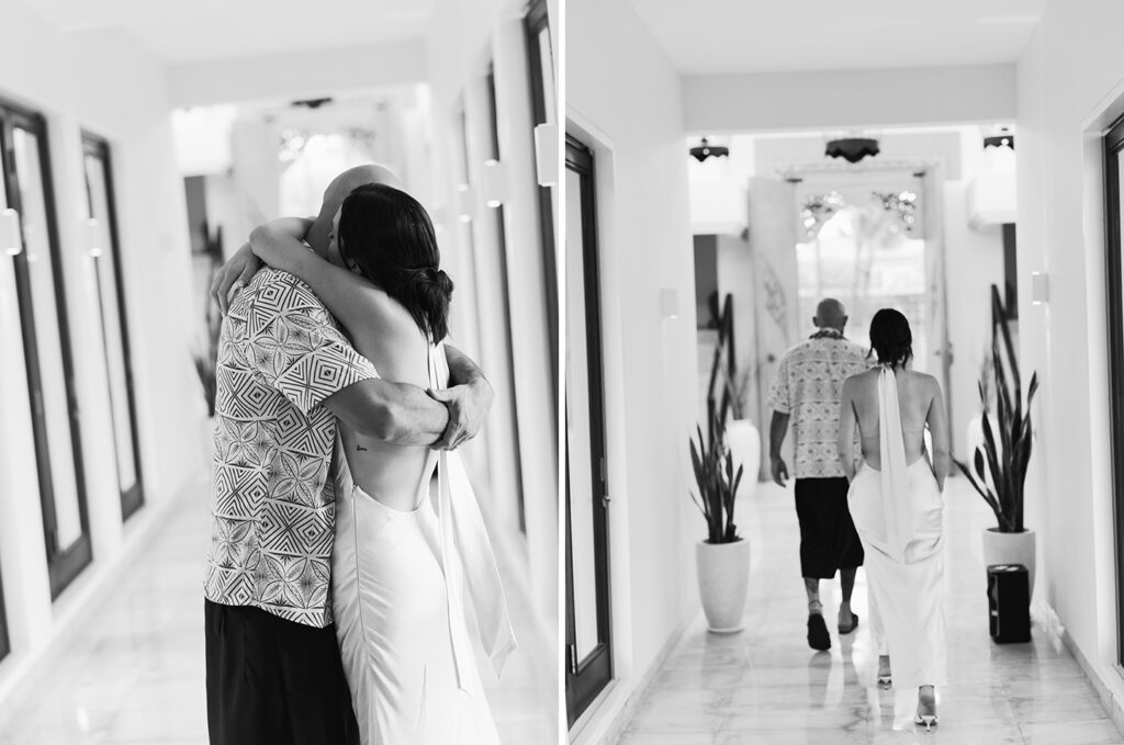 Lauren Dan wedding in Uluwatu Bali emotional moment at Pandawa Cliff with couple embracing and walking together