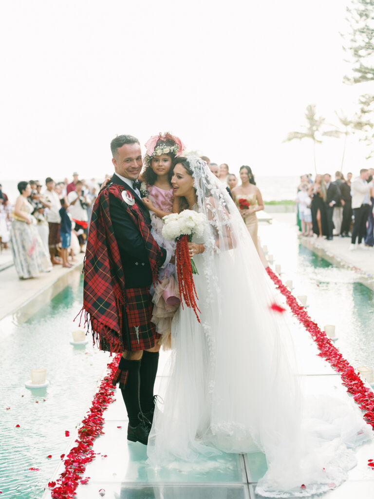 luxury multicultural wedding in Bali at Villa Vedas ceremony bride and groom with Scottish tartan and henna details