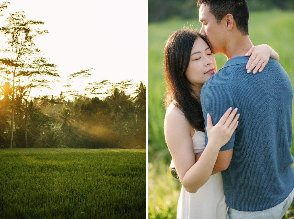 Bali 2 hour couple photoshoot in a lush rice field at sunrise near Tibumana Waterfall, capturing a natural and intimate moment