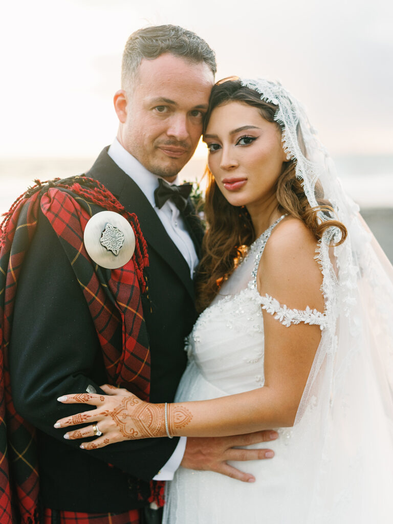 luxury multicultural wedding in Bali at Villa Vedas bride and groom portrait with Scottish tartan and henna details
