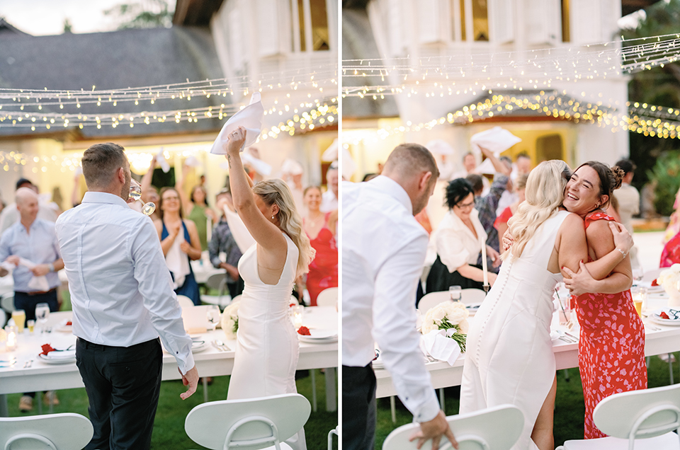 intimate villa wedding in Bali reception with guests celebrating and emotional moments