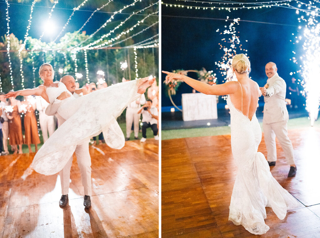 Aimee and Blake dancing during their Bali wedding experience at night with lights and celebration energy