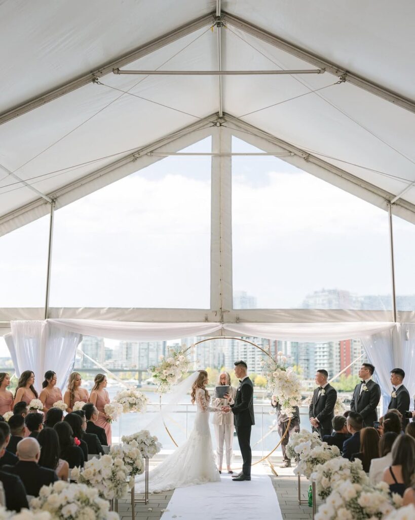 Science World wedding ceremony Vancouver — grand production captured with documentary approach, False Creek skyline backdrop