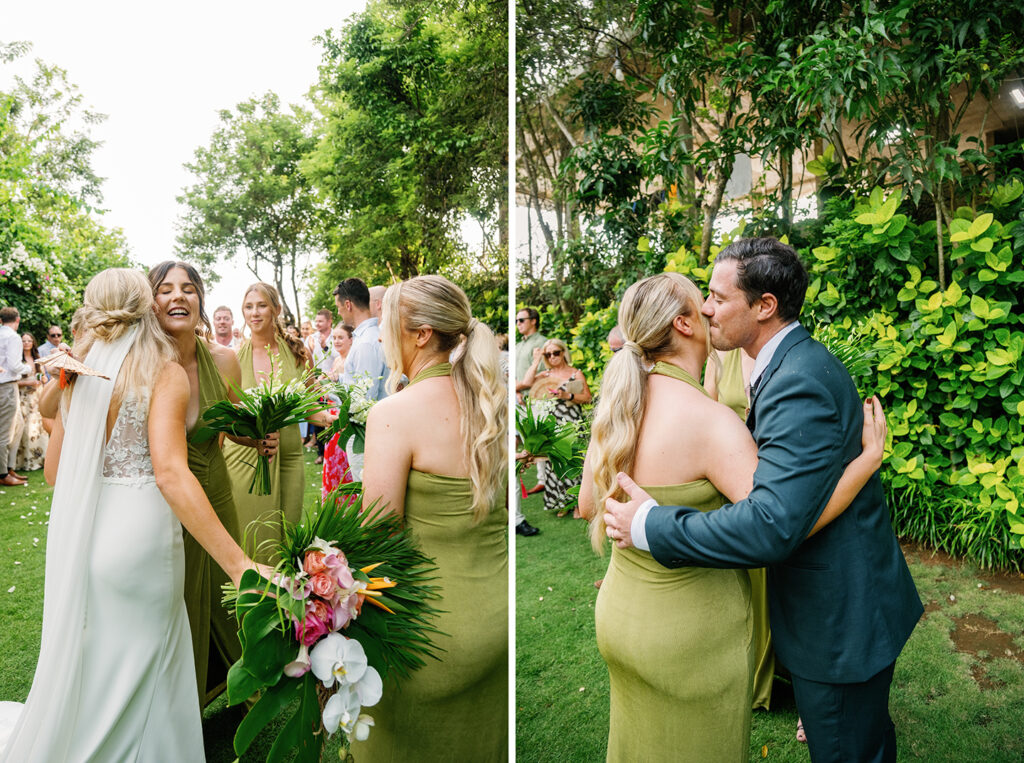Wonderland Uluwatu wedding candid moment with bride hugging bridesmaids after ceremony in Bali
