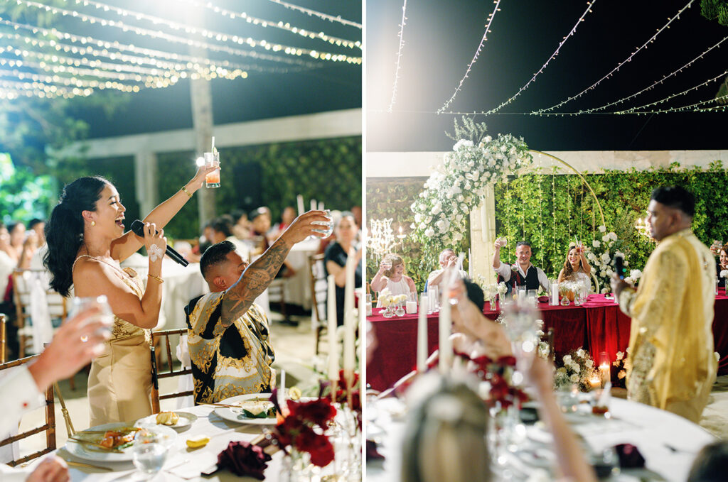 luxury multicultural wedding in Bali at Villa Vedas reception speeches and celebration dinner atmosphere