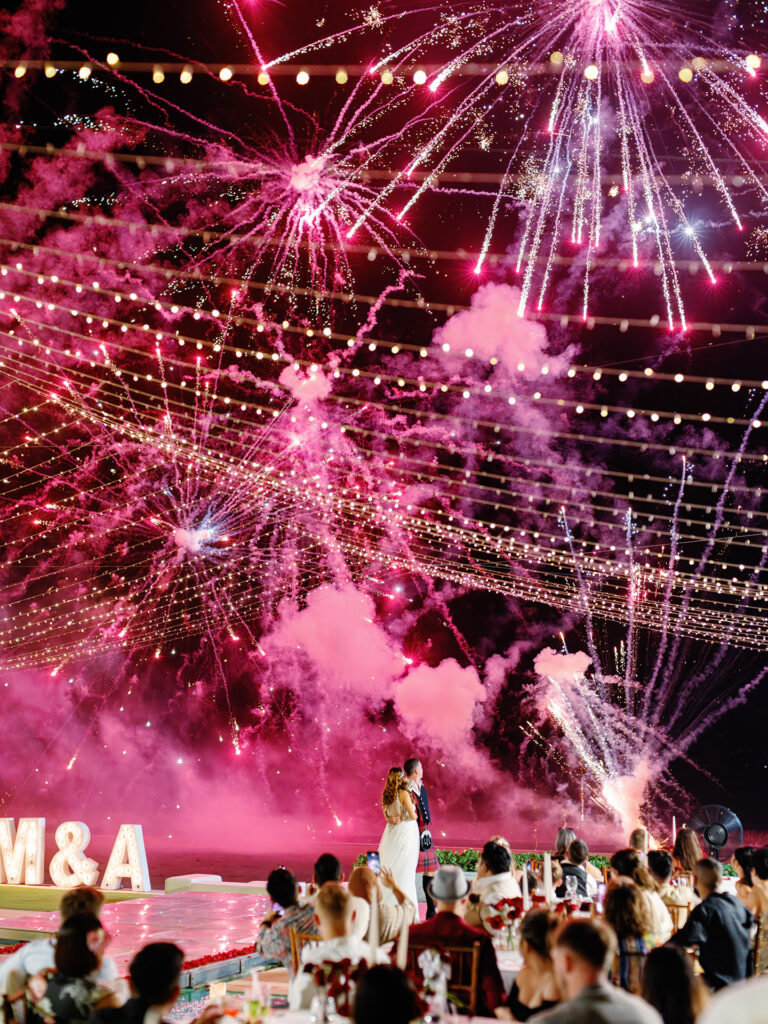 luxury multicultural wedding in Bali at Villa Vedas fireworks finale during reception