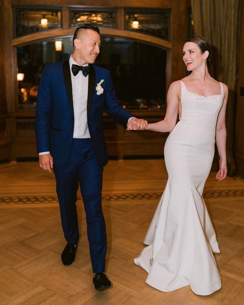Amanda and Tony first dance in Cecil Green Park House ballroom, warm parquet floor and vintage interior