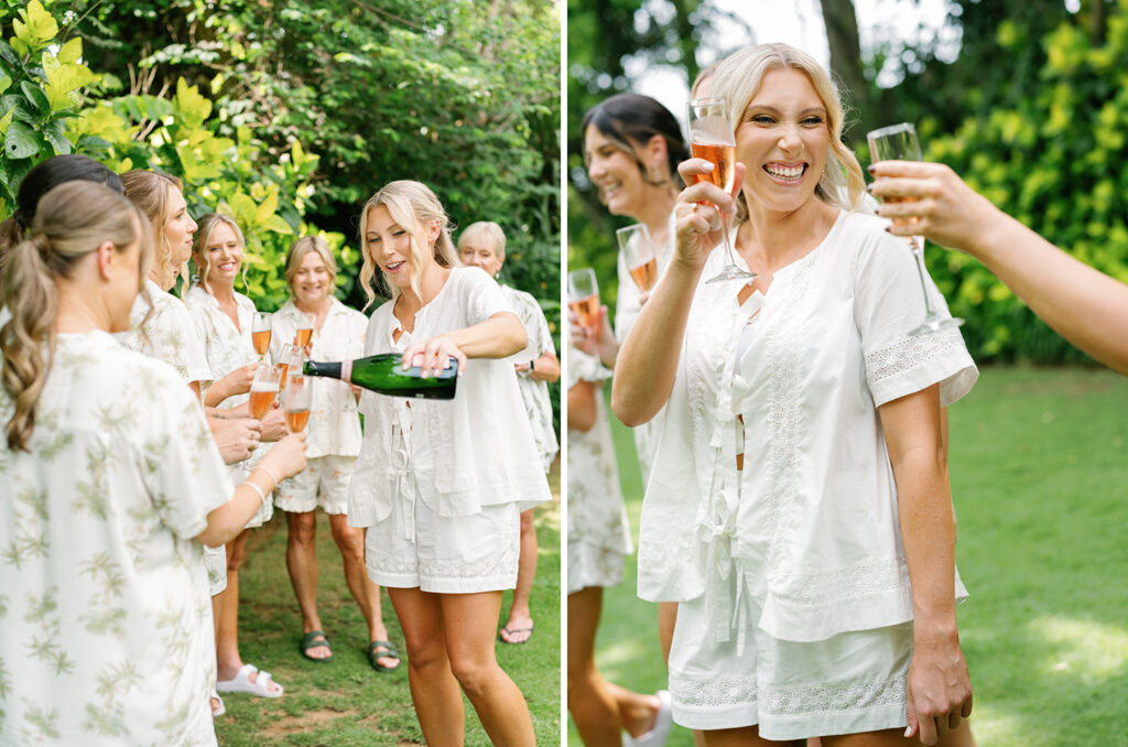 Wonderland Uluwatu wedding morning preparation with bride and bridesmaids enjoying champagne in Bali