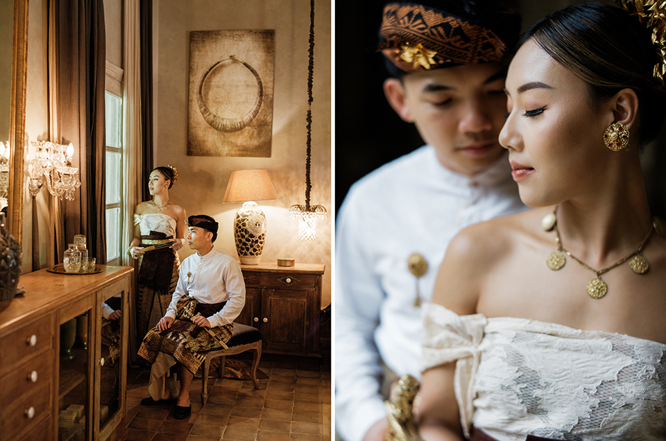Bali heritage couple photoshoot at Balquisse Hotel with traditional inspired outfit and warm vintage interior in Jimbaran