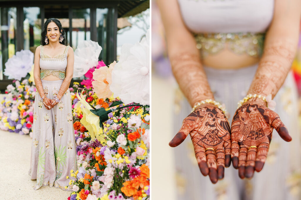 indian wedding bali mehendi ceremony bride portrait and henna hand details
