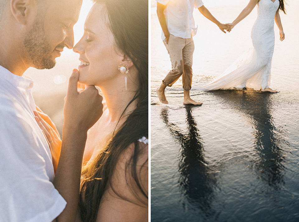bali couple photoshoot at beach during sunset with intimate romantic moment and golden light