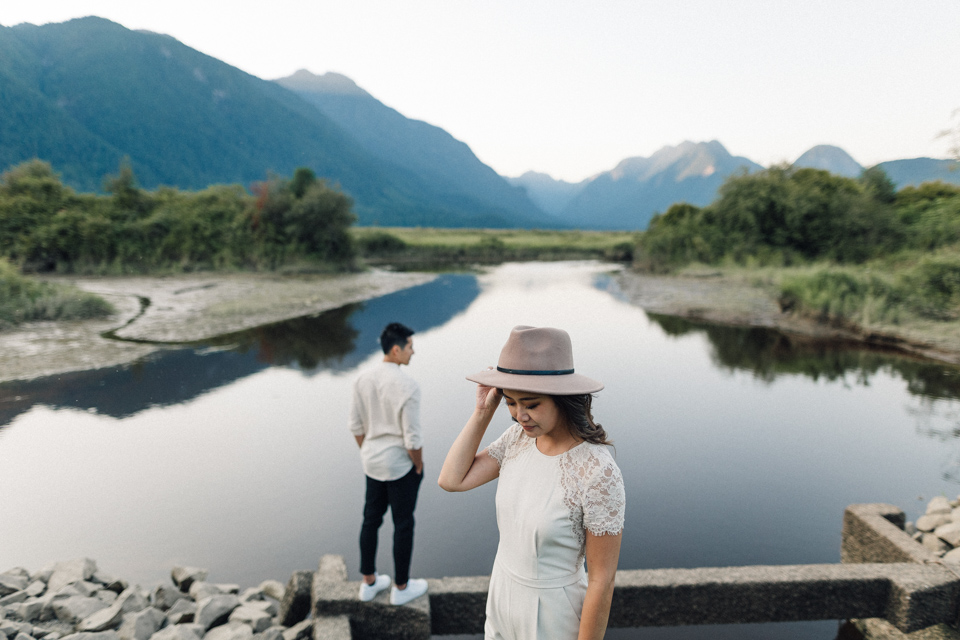 Pitt Meadows couple session — river reflection mountains Fraser Valley photography