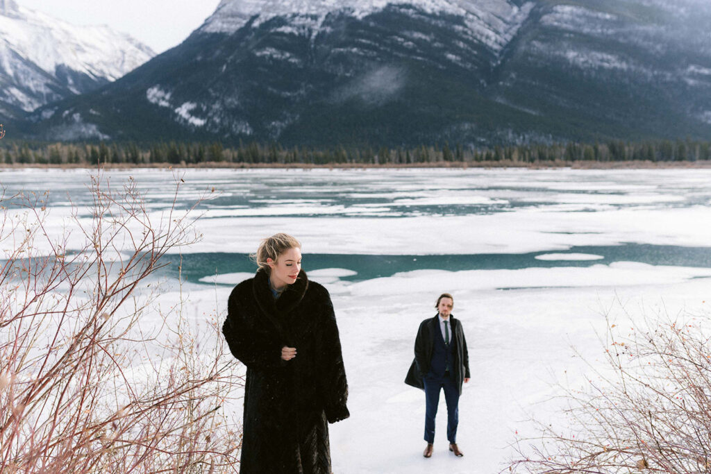 Winter engagement session in Banff Alberta — documentary wedding photographer