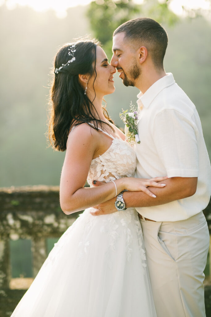 Bride and groom golden hour portrait at Puri Wulandari Ubud Bali with soft jungle light — Luxima Wedding photography
