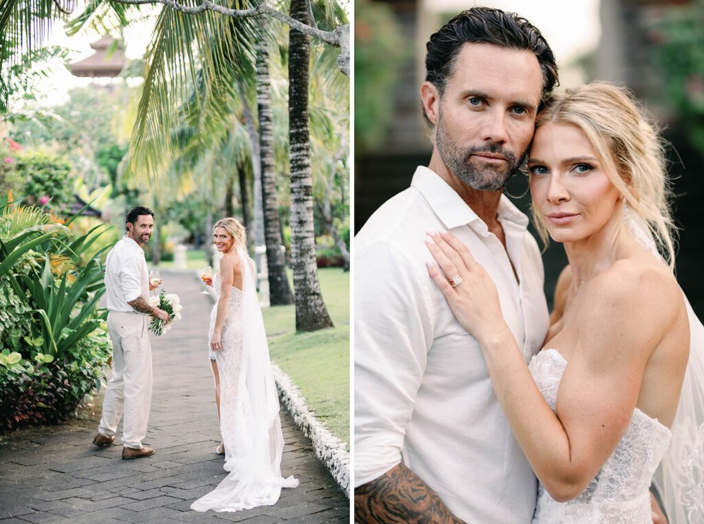 Portrait Session — Garden portraits Alt text: Wedding couple portraits in tropical garden at Nusa Dua Beach Hotel Bali — editorial and documentary style by Luxima Wedding