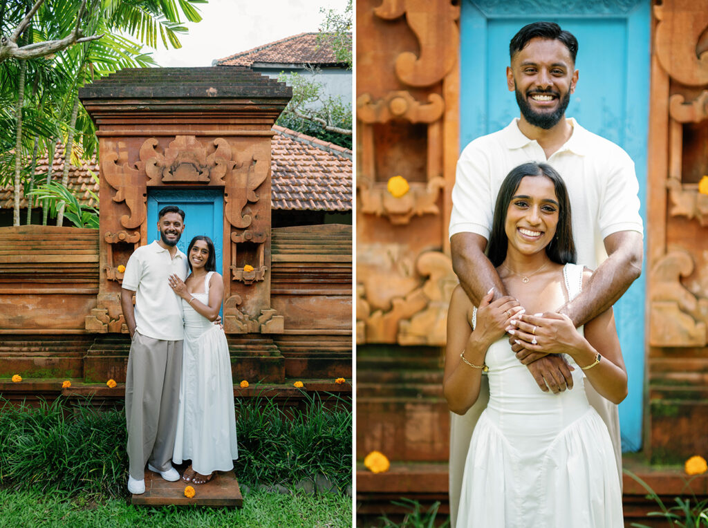 Indian couple posing in front of a traditional Balinese doorway at Villa Desa Roro Bali
