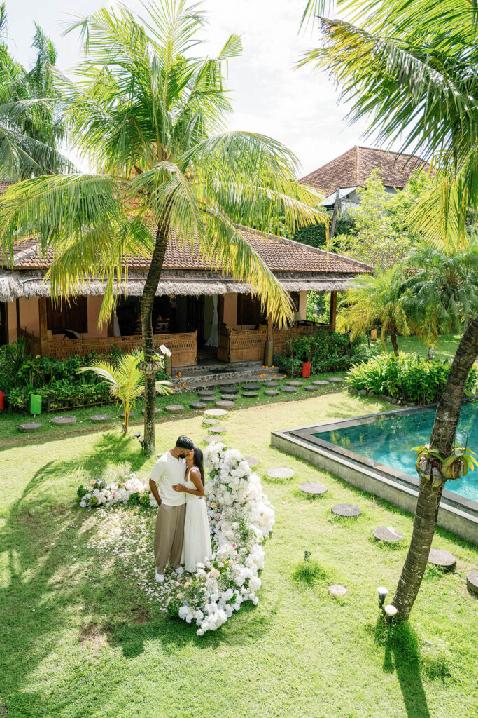 Aerial view of an intimate surprise proposal setup at Villa Desa Roro in Canggu Bali