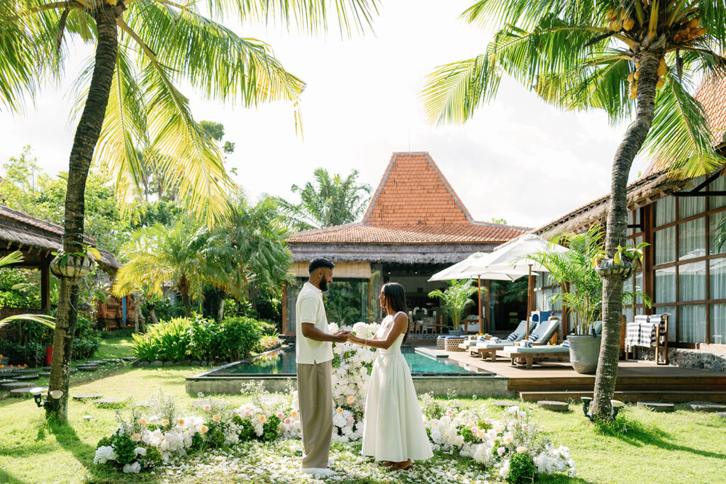 White floral proposal setup in the garden of Villa Desa Roro Canggu Bali