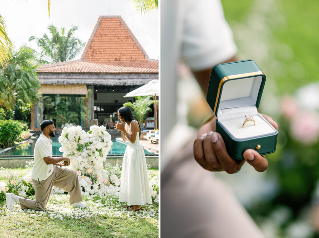 Indian groom proposing on one knee during a surprise villa proposal in Canggu Bali