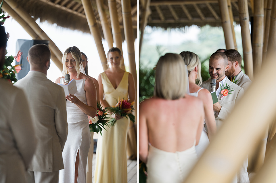 Bride reading wedding vows at indoor ceremony Komune Resort Bali rainy season