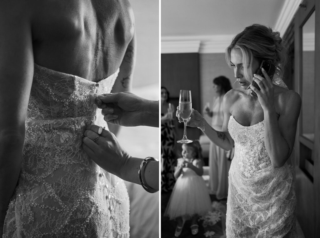 Getting Ready — Dress details + bride with champagne Alt text: Bride in lace wedding dress holding champagne during getting ready at Nusa Dua Beach Hotel Bali — documentary wedding photography Luxima Wedding