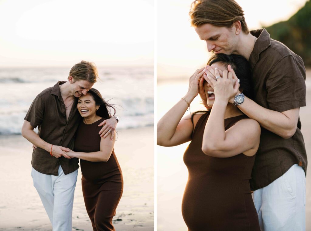 Elly and Tom laughing and playing together Nyanyi Beach Bali maternity photoshoot sunset