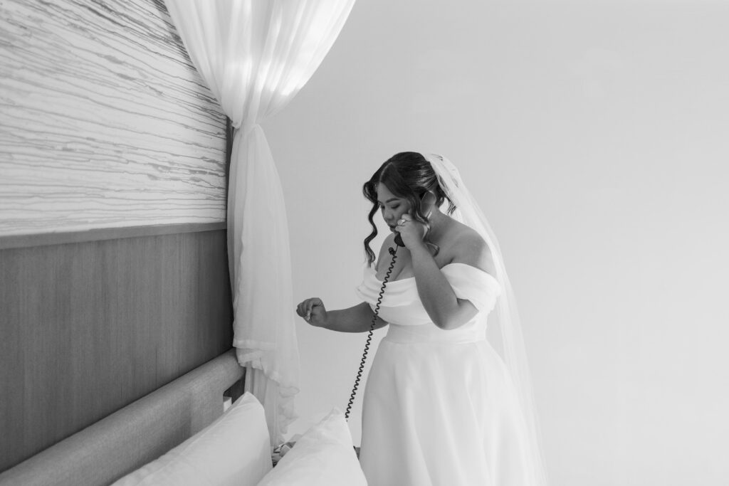 Bride Janela getting ready at Peppers Seminyak hotel room Bali wedding morning