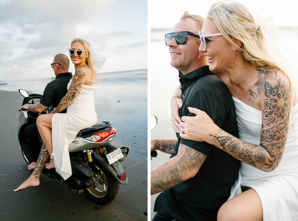 Kaytie riding pillion on NMAX scooter with Jamie along Pasut Beach waterline during vow renewal Bali — Luxima Wedding